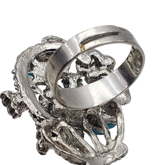 Flower Basket Ring Silver Tone Blue Turquoise Teal Rhinestones Adjustable Chunky - Picture 3 of 8